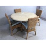 Antique style round top dining table on three leg column, modern distressed paint finish,