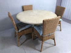 Antique style round top dining table on three leg column, modern distressed paint finish,