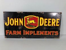 Enamel Advertising sign, oblong sign for John Deere Farm Implements, approximately 45 x 21 cm