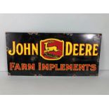 Enamel Advertising sign, oblong sign for John Deere Farm Implements, approximately 45 x 21 cm