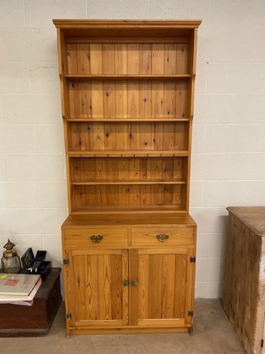 Pine kitchen dresser, two drawers, cupboards under, shelves over, approx 91cm wide x 215cm tall
