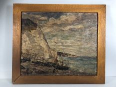 Oil painting, 19th century Oil on board painting of a south coast fishing scene, unsigned, in wooden