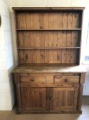 Pine dresser with shelves over, two drawers and cupboard under, approx 126cm x 49cm x 190cm tall
