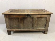 Eighteenth Century panelled oak coffer with original hinges, opening to reveal small integral hinged
