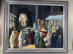 Oil Painting, framed colourful oil on board panting of an Arabic Souk, approximately 70 x 59cm