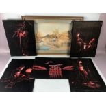 Oriental pictures, Chinese cut cork 3d landscape picture, and 5 Chinese embroidered thread pictures