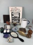 A collection of miscellaneous items, to include an enamel ware jug, hand mirror , Indian copper