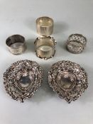 Antique Silver. 4 English silver hallmarked napkin rings and 2 English Hallmarked Heart shaped pin