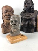 African Sculpture, Three African Busts, one of a Maasai Woman with neck adornment in wood