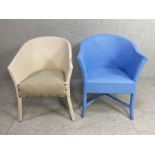 Lloyd Loom style chairs, 2 wicker tub chairs, with modern paint work one blue one cream