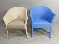 Lloyd Loom style chairs, 2 wicker tub chairs, with modern paint work one blue one cream