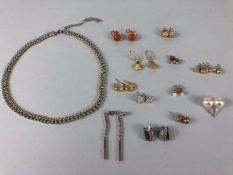 Costume jewellery, a collection of vintage costume jewellery earrings and a blue stone set necklet