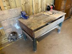 Work bench and attached tools, Work shop bench with 2 vices attached along with bench grinder /