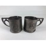 Arts and Crafts tankards, 2 Liberty 'Tudric Tankards' with scroll leaf design approximately 6.5 cm