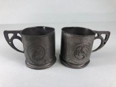 Arts and Crafts tankards, 2 Liberty 'Tudric Tankards' with scroll leaf design approximately 6.5 cm