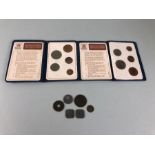 Coins, 2 sets of Britain's first decimal coins along with a silver 3d 1890, and 5 foreign coins