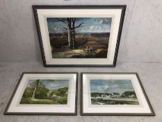 Rowland Hilder prints, 3 framed prints depicting agricultural landscapes, the larger 89 x 72cm