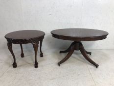 Furniture. 2 reproduction occasional side tables in dark wood , one with oval top on central