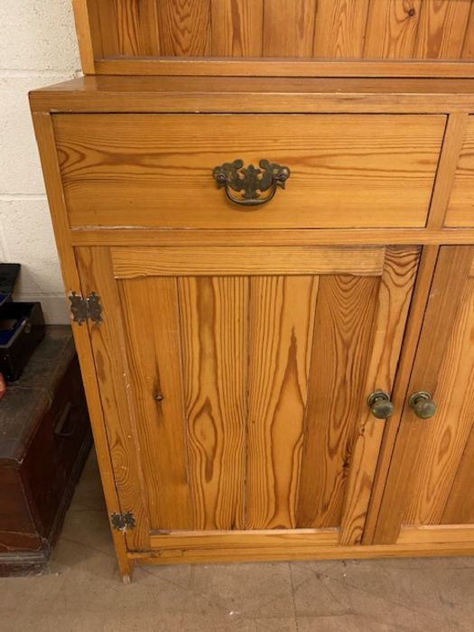 Pine kitchen dresser, two drawers, cupboards under, shelves over, approx 91cm wide x 215cm tall - Image 3 of 9