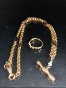 Gold chain and ring, 9ct gold Trombone link Albert chain approximately 10.51g and a 9ct gold stone