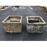 Pair of concrete brick-effect garden planters, approx 28cm tall