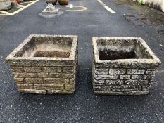 Pair of concrete brick-effect garden planters, approx 28cm tall