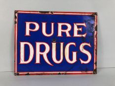 Enamel Advertising sign PURE DRUGS, approximately 37 x 29 cm
