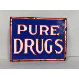 Enamel Advertising sign PURE DRUGS, approximately 37 x 29 cm