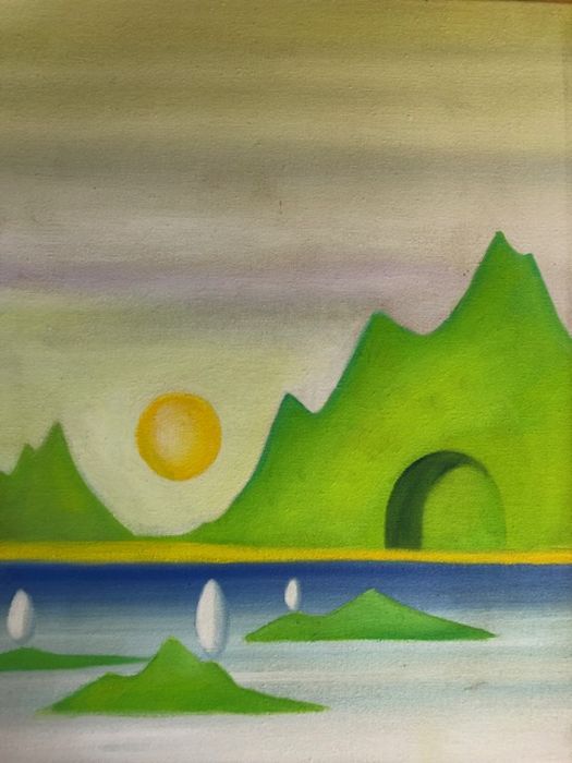Colin Dawes paintings, Three 70s inspired futuristic landscape Paintings by local Lyme Regis - Image 3 of 6