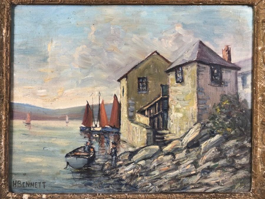 Oil Painting of Fowey, late 19th century oil painting of Fowey harbour, signed H Bennett, in a - Image 2 of 8