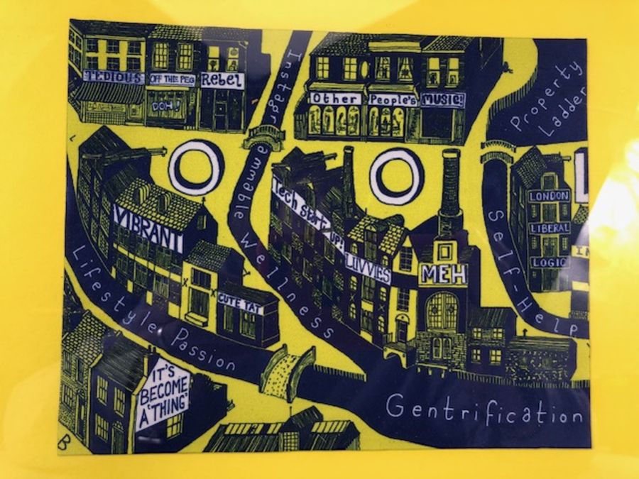 Sir Grayson Perry, art work Gentrification printed on cloth in modern frame (fabric approximately 14 - Image 2 of 6