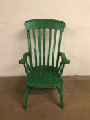 Furniture, Vintage high slat back Windsor carver chair with turned spindles and green paint finish