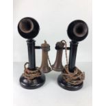Antique Telephones. two 1904 candlestick telephones , pre dial exchange connect models, metal bodies