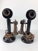 Antique Telephones. two 1904 candlestick telephones , pre dial exchange connect models, metal bodies