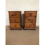 Pine furniture, Two modern 3 draw bedside cupboards on bun feet. approximately 43 x 33 x 65cm