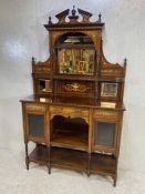 Ornate Edwardian heavily inlaid sideboard or credenza with carved pierced galleries, bevel edged