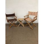 Furniture, 2 modern light wood folding directors chairs an a folding Chris cross occasional table