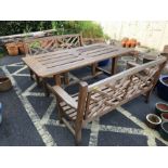 Solid wood garden table and two benches, table approx 168 x 83 x 74cm