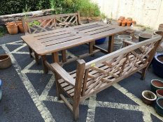 Solid wood garden table and two benches, table approx 168 x 83 x 74cm