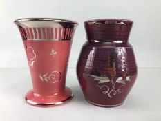 Wedgewood pottery, two 1930s Millicent Taplin designed silver lustre ware vases one pink vase with
