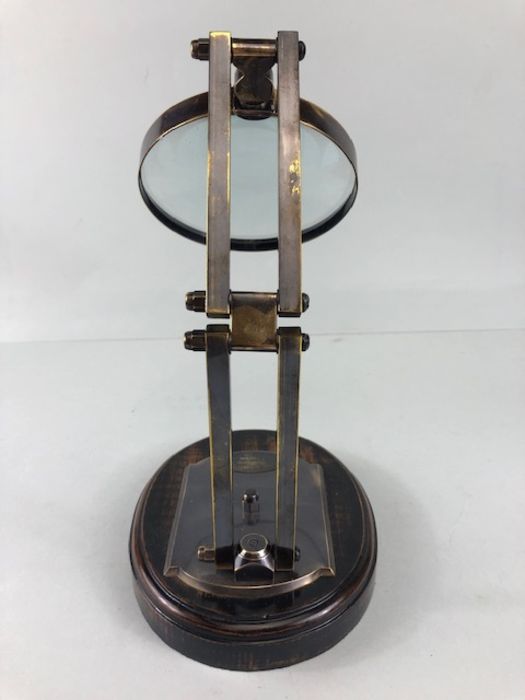 Scientific style magnifying glass on adjustable metal stand with wooden base approximately 28ch - Image 5 of 7