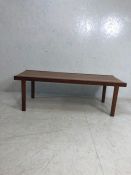 Mid century furniture, mid 20th century King wood Veneer long coffee table, plaque to underside of