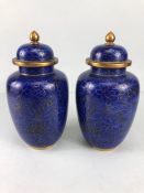 Chinese Cloisonne, pair of cobalt blue cloisonne enamel urns with lids, each approximately 20cm