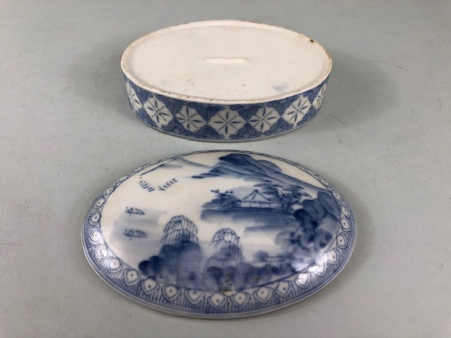 Chinese Art, Two Blue and white ceramic oval shaped pots with geometric patterns the lids with - Image 10 of 13