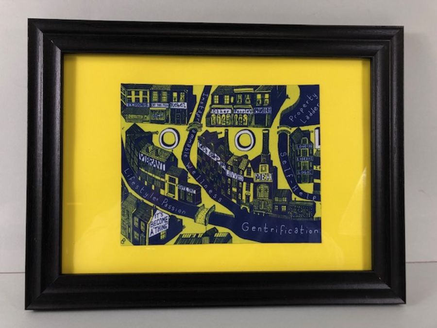 Sir Grayson Perry, art work Gentrification printed on cloth in modern frame (fabric approximately 14