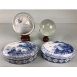 Chinese Art, Two Blue and white ceramic oval shaped pots with geometric patterns the lids with