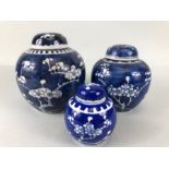 Three Chinese Blue and white Ginger jars all with lids and Double blue circle marks to base