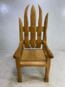 Large heavy Gothic wooden throne chair with padded seat, approx 66cm x 72cm x 155cm tall