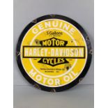 Enamel sign, Harley Davidson Motor Oil round enamel sign approximately 30cm across