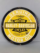 Enamel sign, Harley Davidson Motor Oil round enamel sign approximately 30cm across